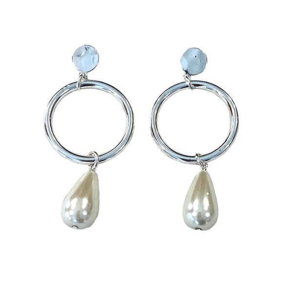 NWT J. Crew Silver Mirror Pearl Drop Earrings - Picture 3 of 5